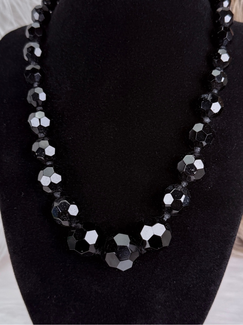 Black Faceted Beaded Statement Necklace Heavy Graduated Strand